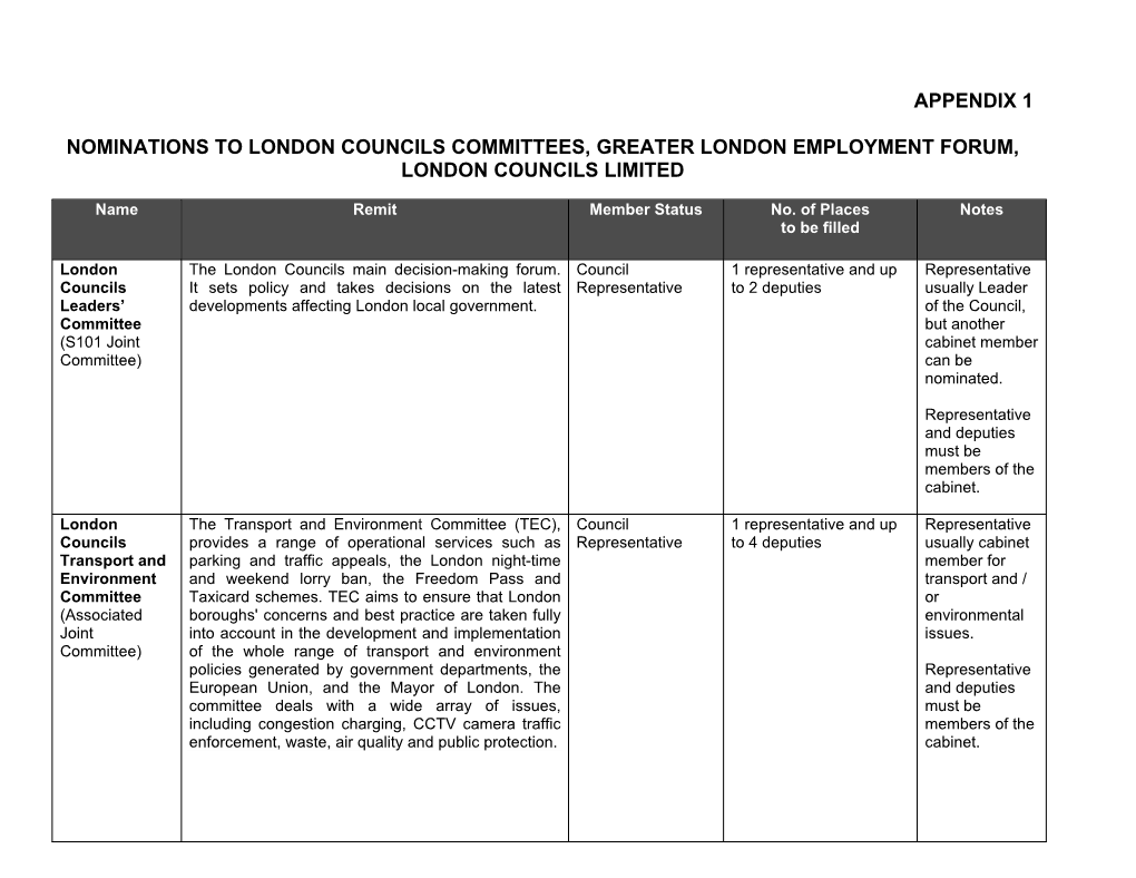 Appendix 1 Nominations to London Councils Committees, Greater London Employment Forum, London Councils Limited