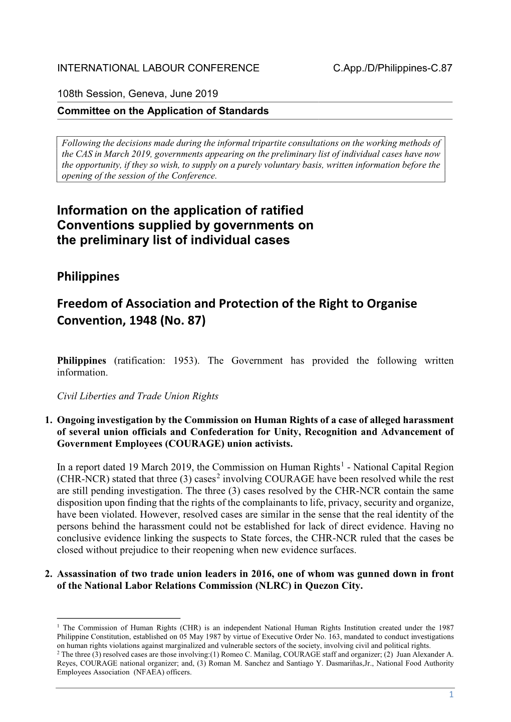 Philippines Freedom of Association and Protection of the Right to Organise Convention, 1948 (No