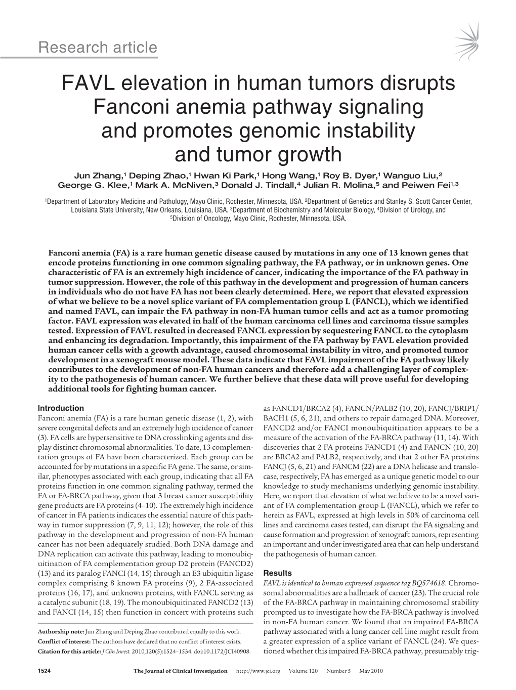 FAVL Elevation in Human Tumors Disrupts Fanconi Anemia Pathway