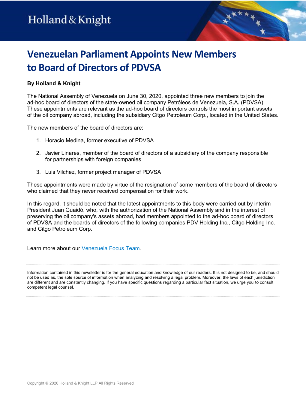 Venezuelan Parliament Appoints New Members to Board of Directors of PDVSA