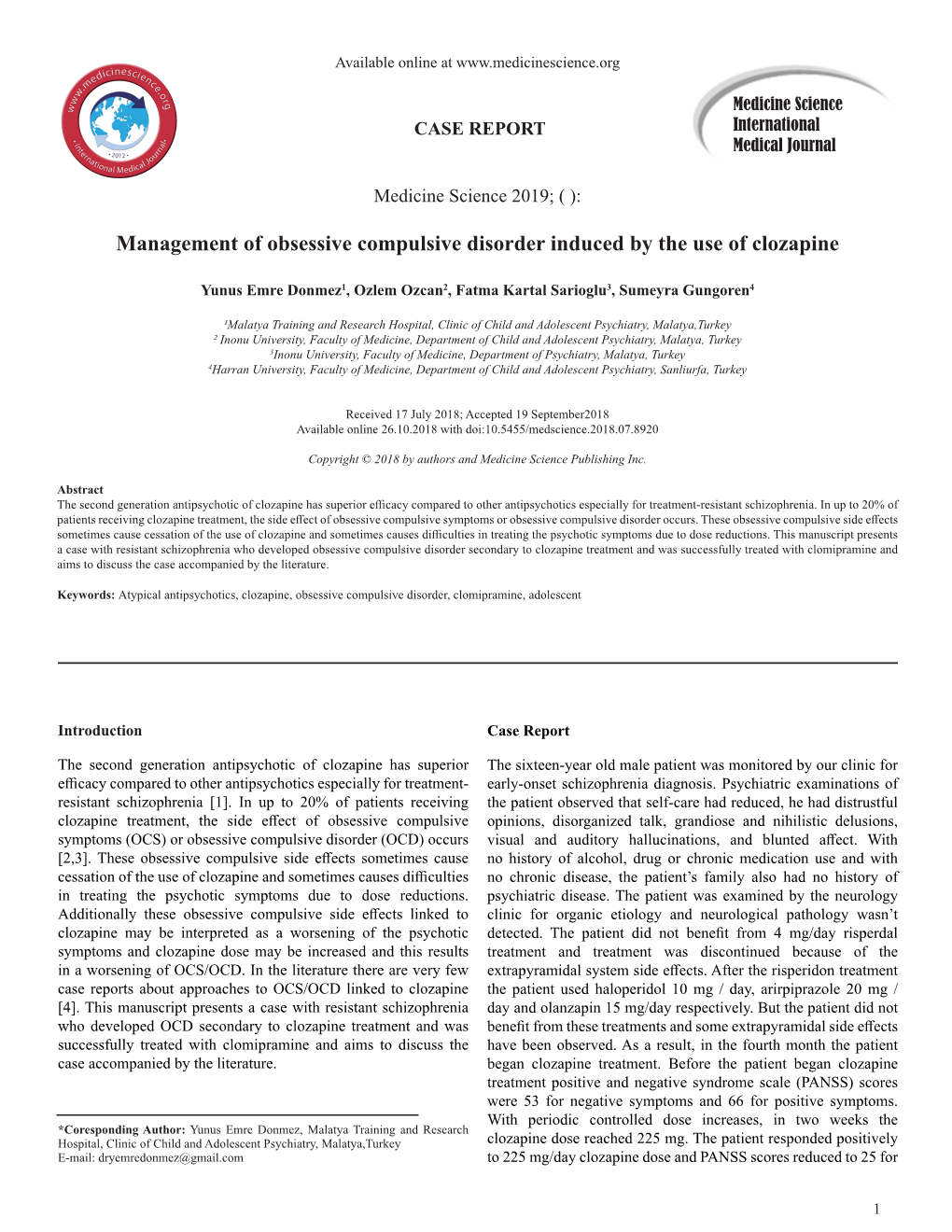 Management of Obsessive Compulsive Disorder Induced by the Use of Clozapine