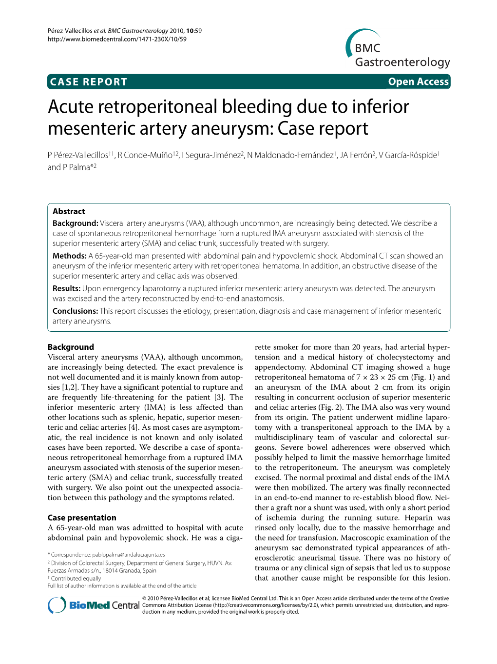 Acute Retroperitoneal Bleeding Due to Inferior Mesenteric Artery Aneurysm: Case Report BMC Gastroenterol- Ogy 2010, 10:59