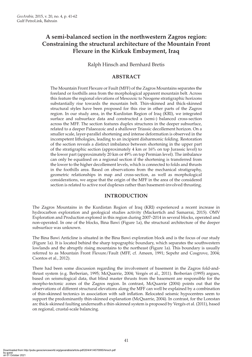 A Semi-Balanced Section in the Northwestern Zagros Region: Constraining the Structural Architecture of the Mountain Front Flexure in the Kirkuk Embayment, Iraq