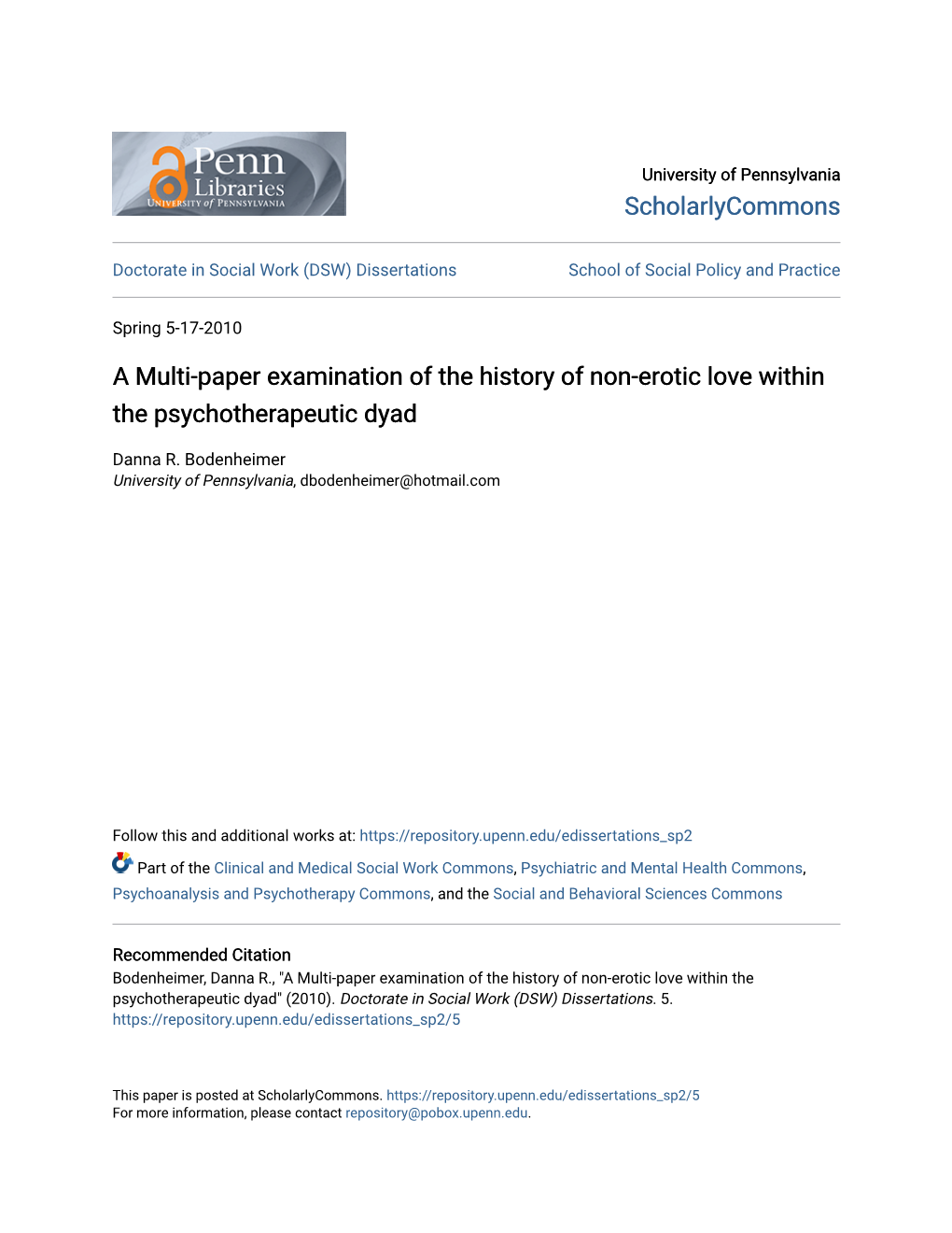 A Multi-Paper Examination of the History of Non-Erotic Love Within the Psychotherapeutic Dyad