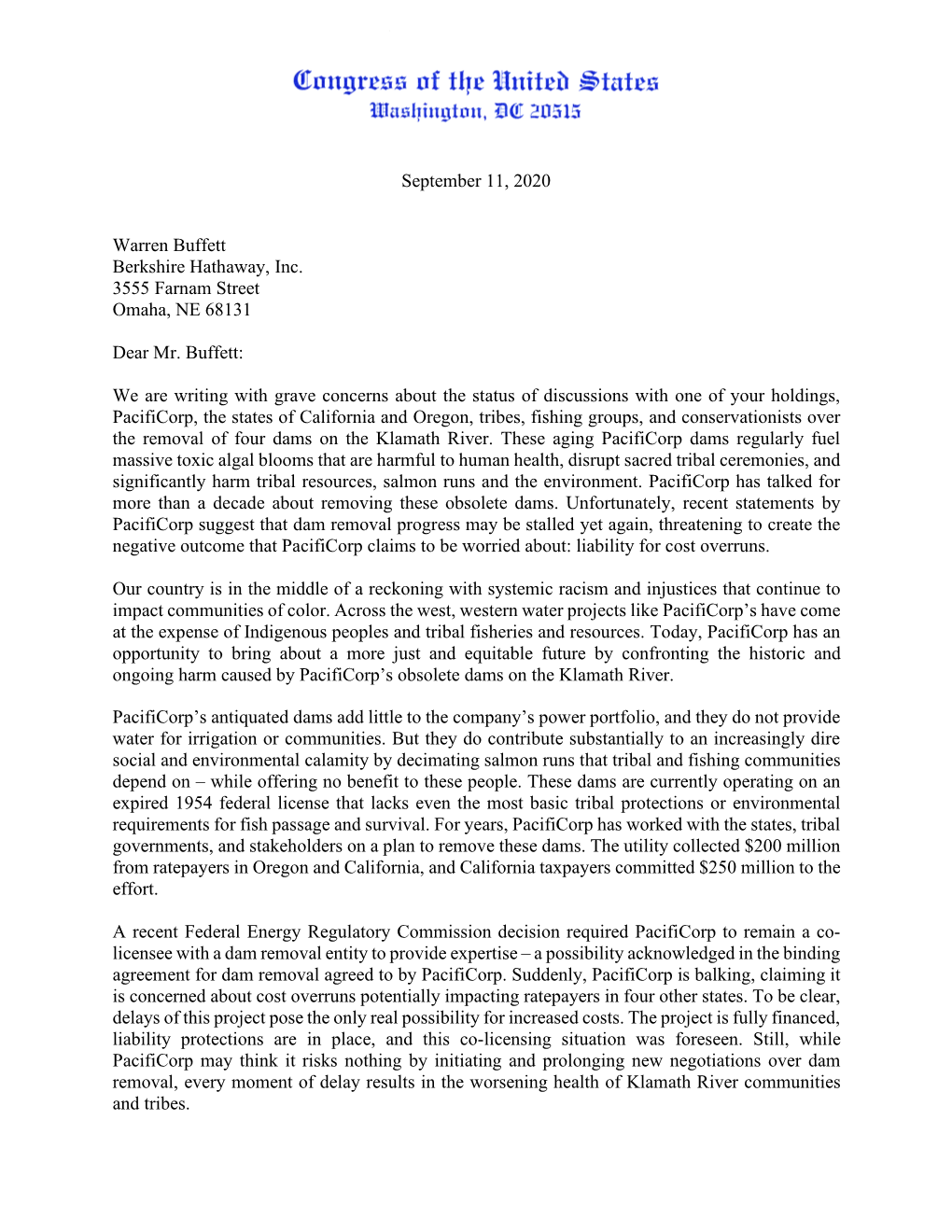 Congressional Letter to Warren Buffett