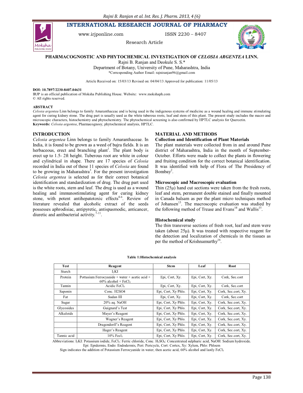 Pharmacognostic and Phytochemical Investigation of Celosia Argentea Linn