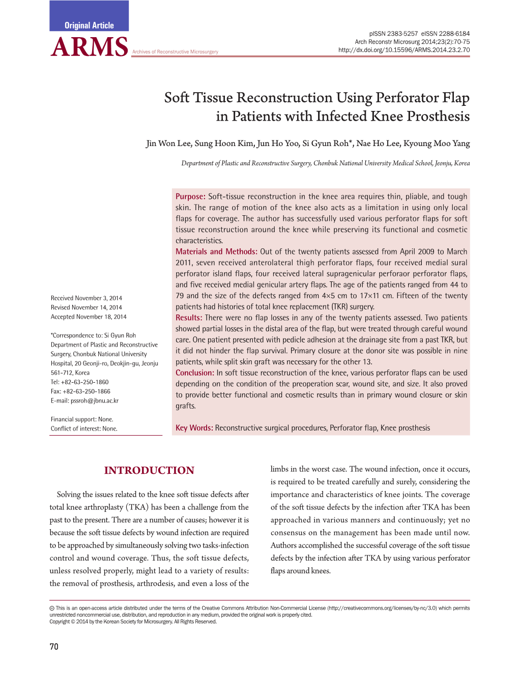 Soft Tissue Reconstruction Using Perforator Flap in Patients with Infected Knee Prosthesis