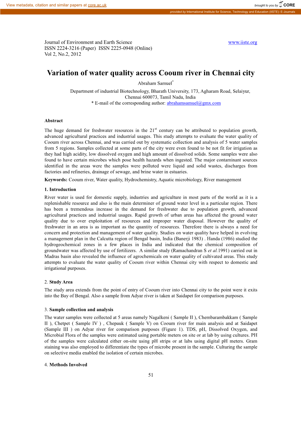 Variation of Water Quality Across Cooum River in Chennai City