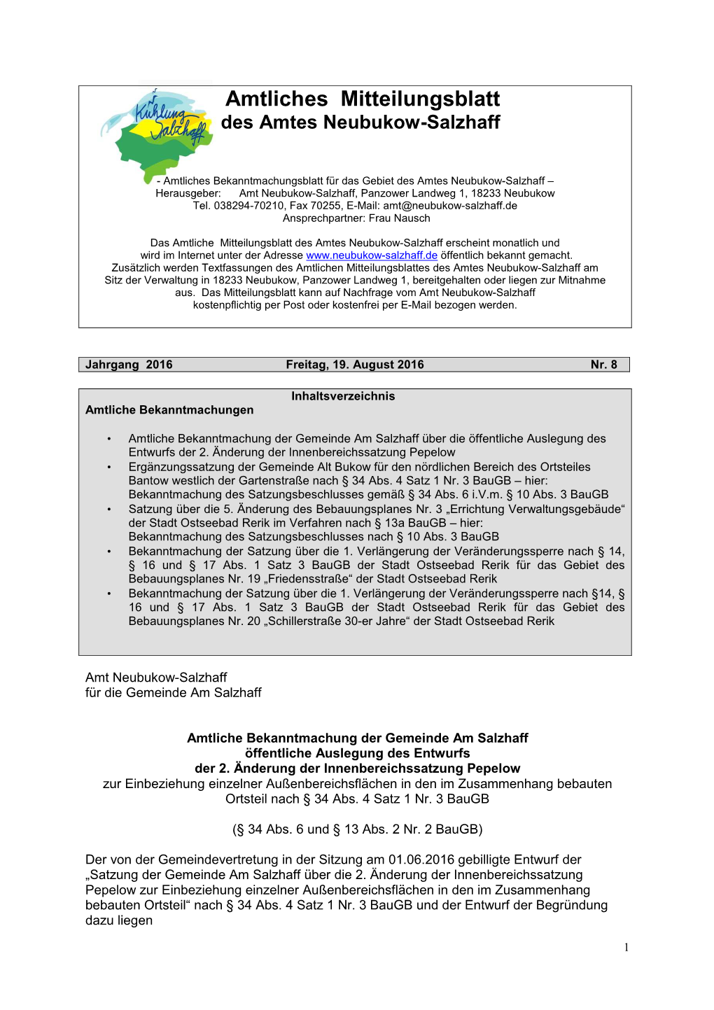 Amtliches Mitteilungsblatt Des Amtes Neubukow-Salzhaff