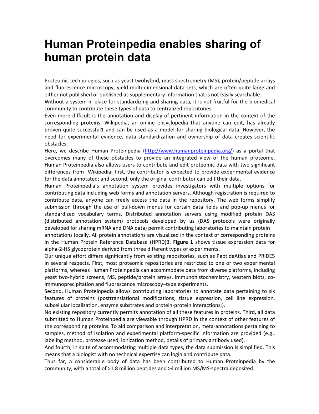 Human Proteinpedia Enables Sharing of Human Protein Data