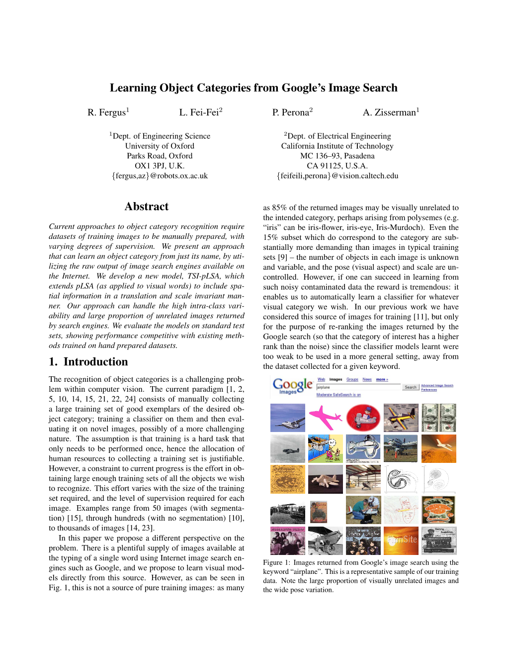 Learning Object Categories from Google's Image Search Abstract 1