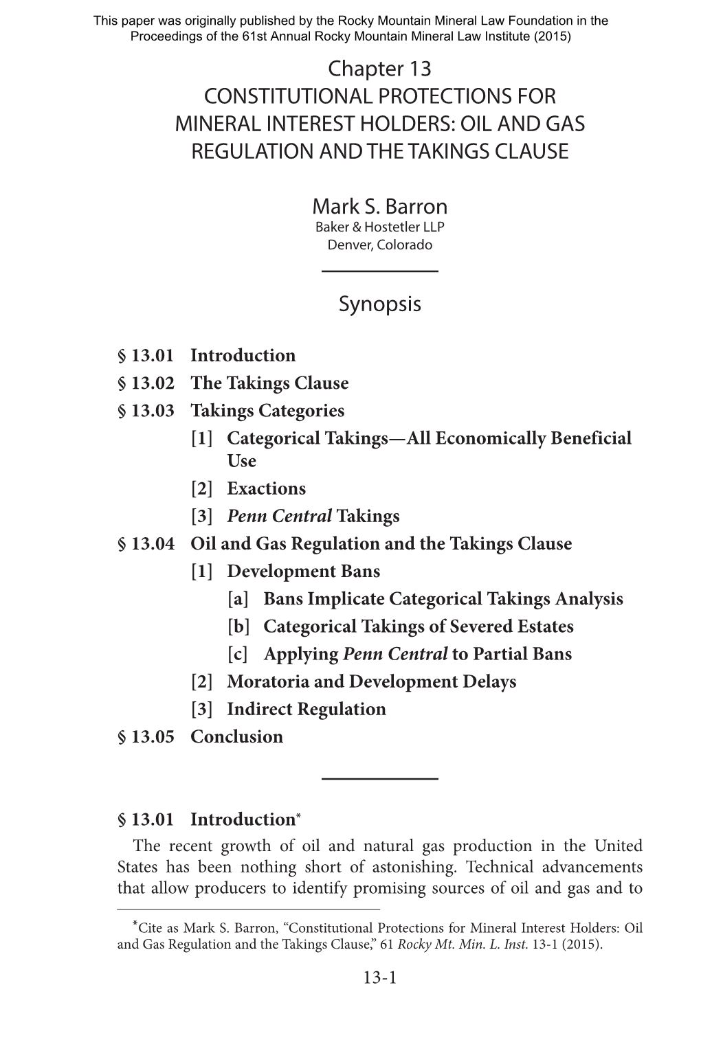 OIL and GAS REGULATION and the TAKINGS CLAUSE Mark S