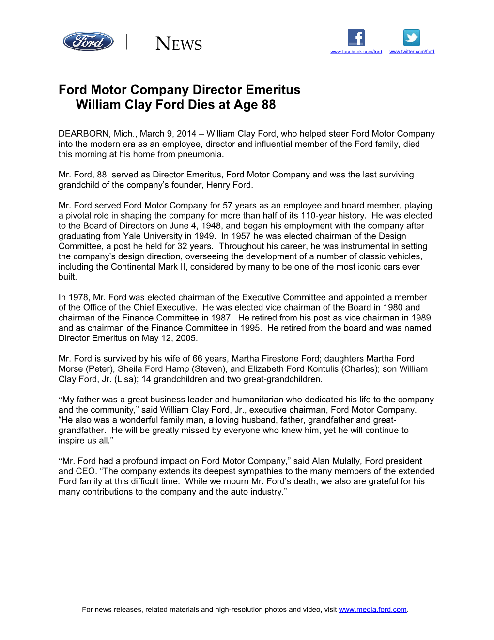 Ford Motor Company Director Emerituswilliam Clay Ford Dies at Age 88