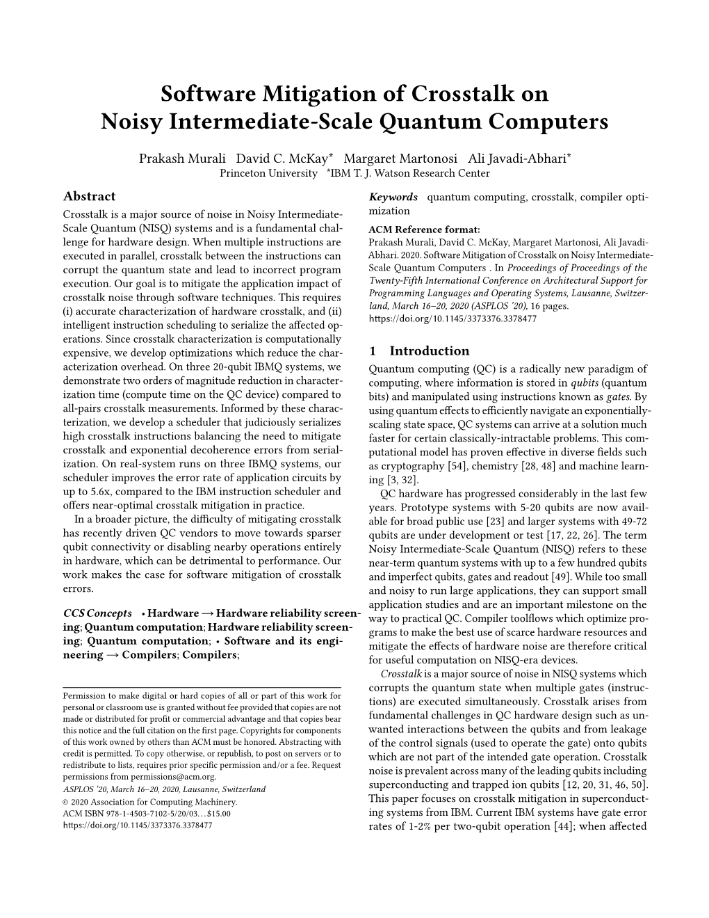 Software Mitigation of Crosstalk on Noisy Intermediate-Scale Quantum Computers