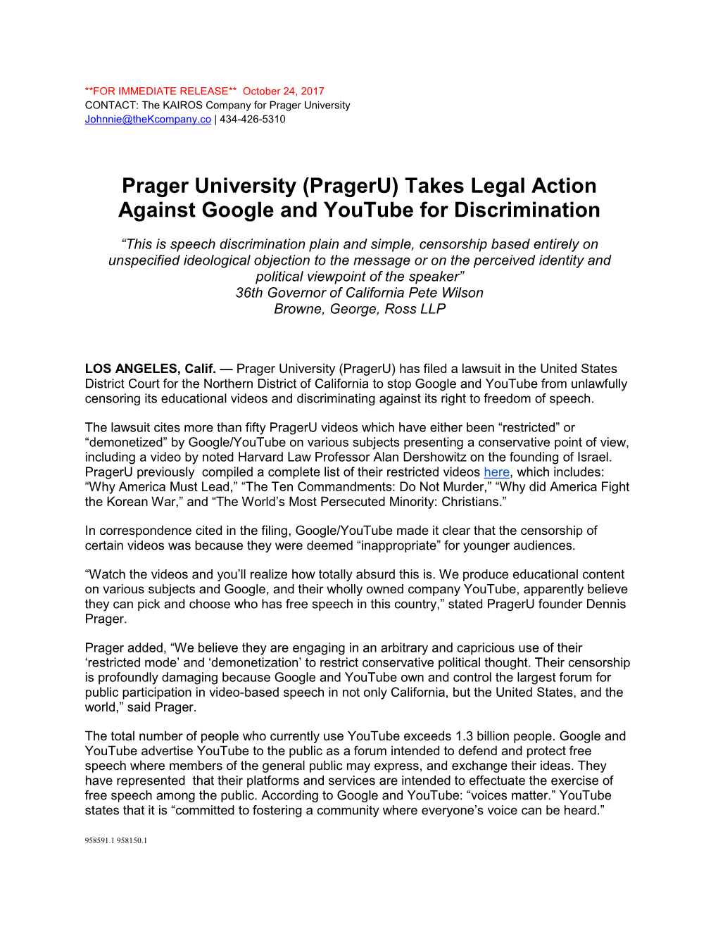 Prageru) Takes Legal Action Against Google and Youtube for Discrimination
