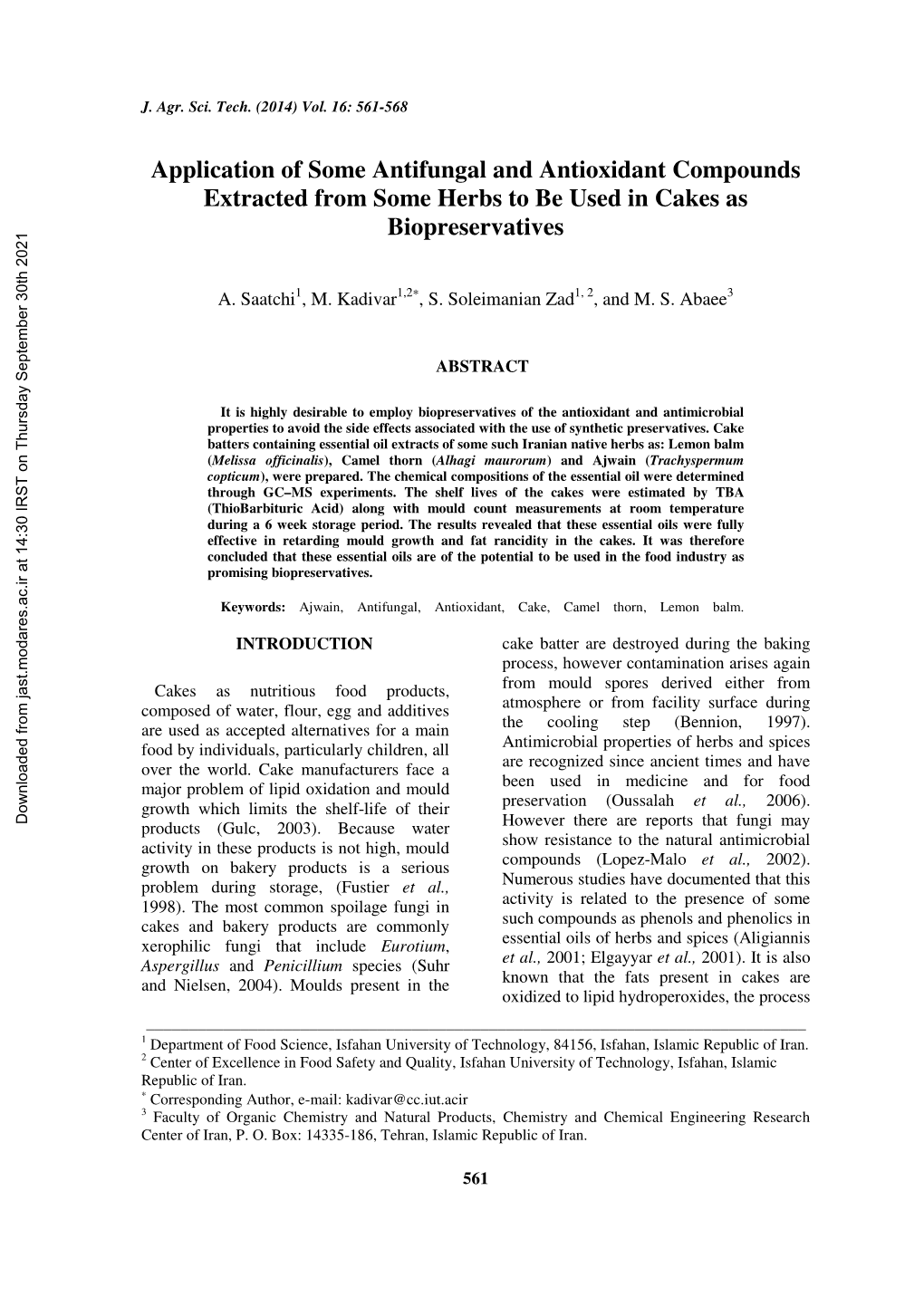 Application of Some Antifungal and Antioxidant Compounds Extracted from Some Herbs to Be Used in Cakes As Biopreservatives