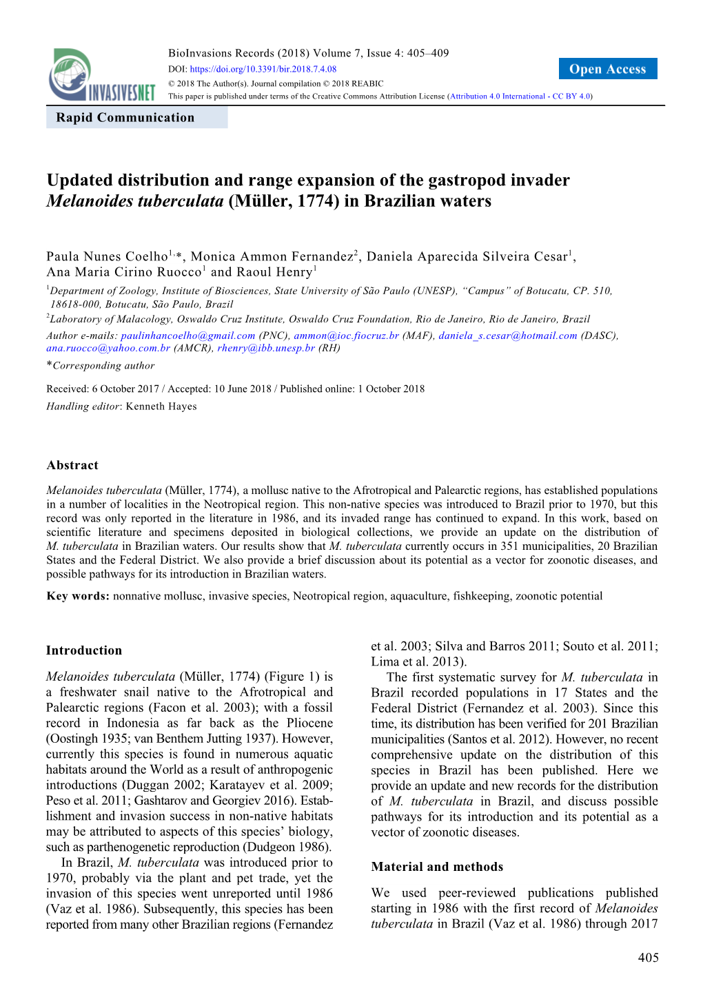 Updated Distribution and Range Expansion of the Gastropod Invader Melanoides Tuberculata (Müller, 1774) in Brazilian Waters