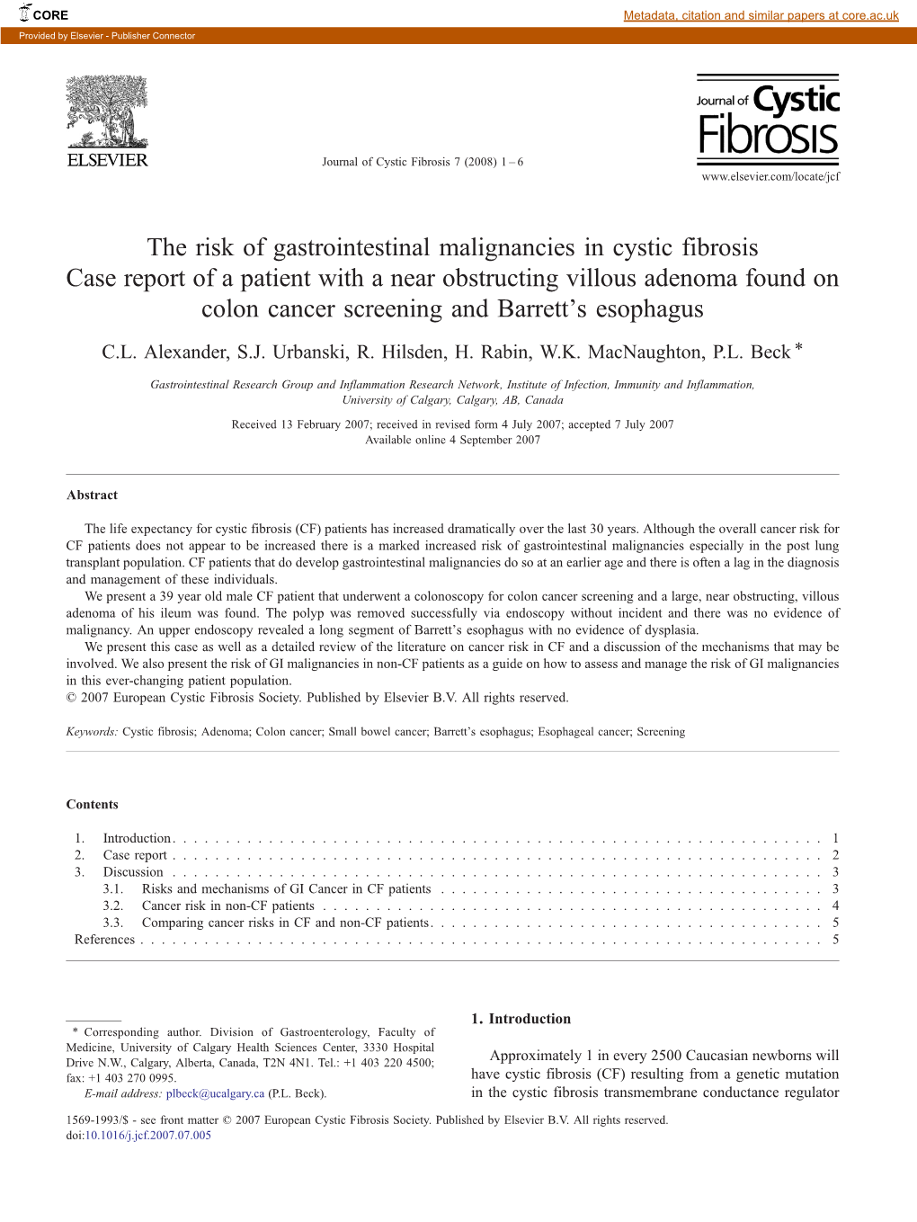 The Risk of Gastrointestinal Malignancies in Cystic Fibrosis Case