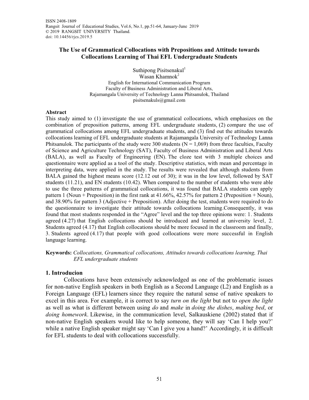 The Use of Grammatical Collocations with Prepositions and Attitude Towards Collocations Learning of Thai EFL Undergraduate Students