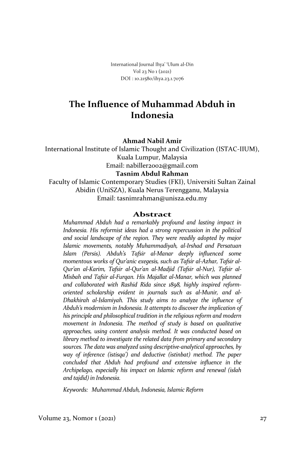 The Influence of Muhammad Abduh in Indonesia