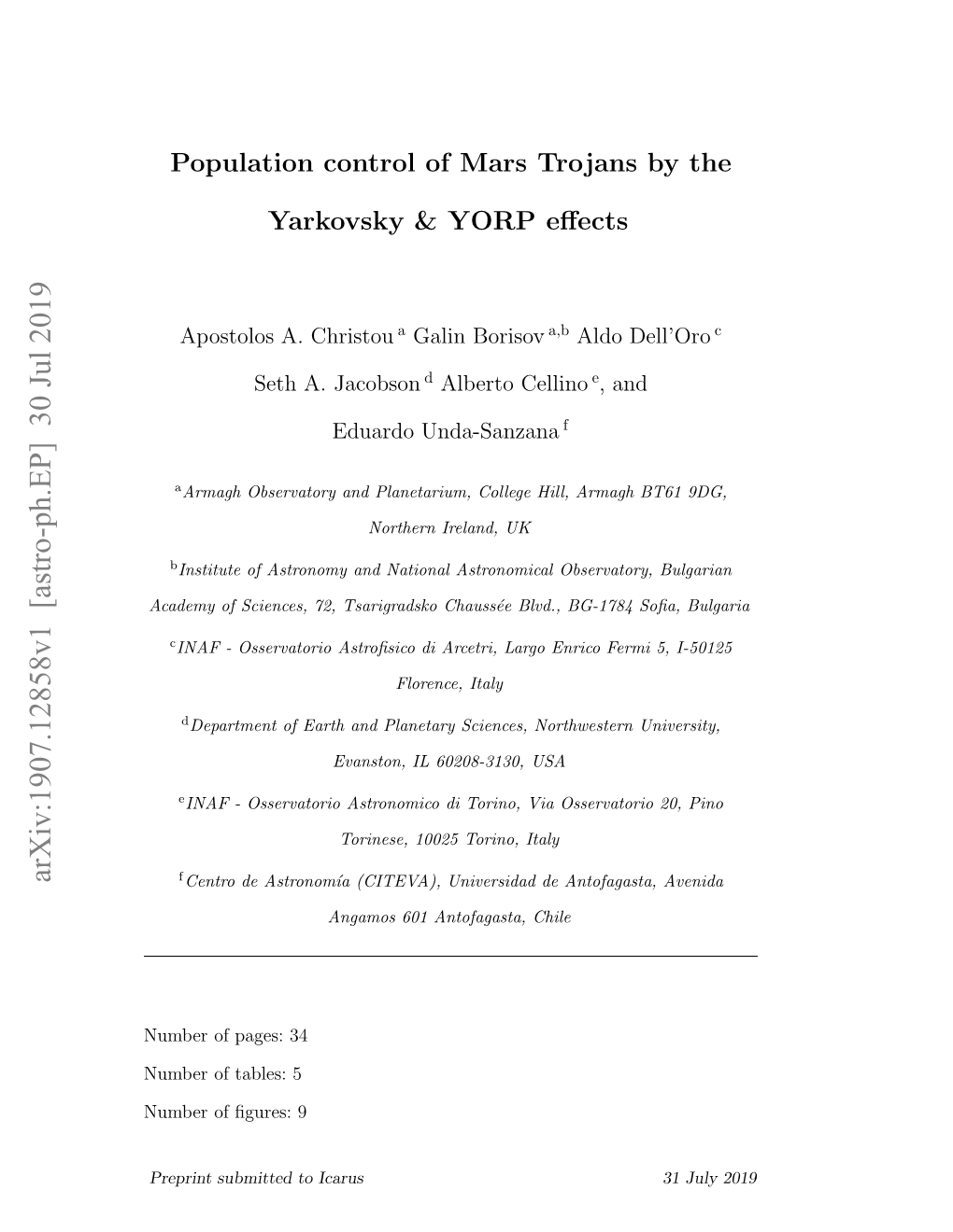 Population Control of Mars Trojans by the Yarkovsky & YORP Effects