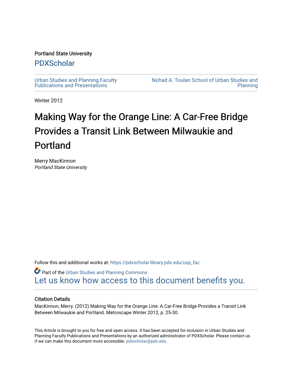 Making Way for the Orange Line: a Car-Free Bridge Provides a Transit Link Between Milwaukie and Portland