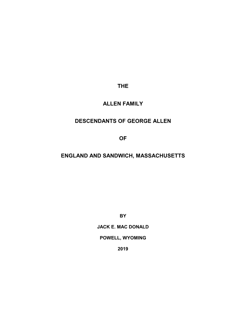 The Allen Family Descendants of George Allen Of