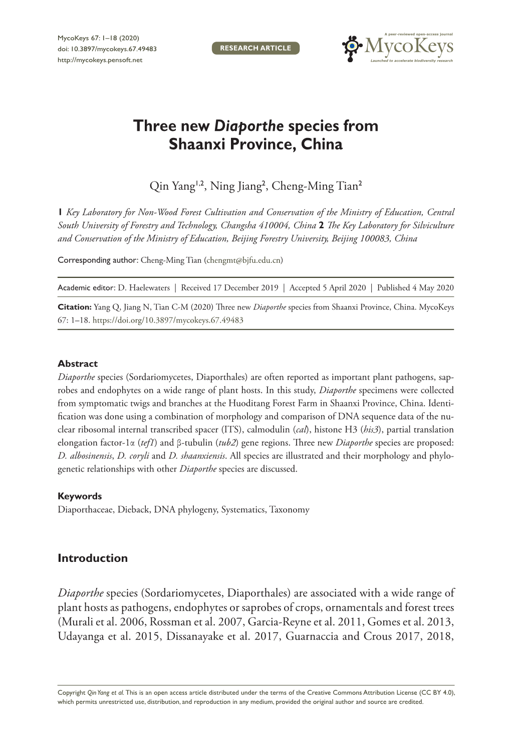 Three New Diaporthe Species from Shaanxi Province, China