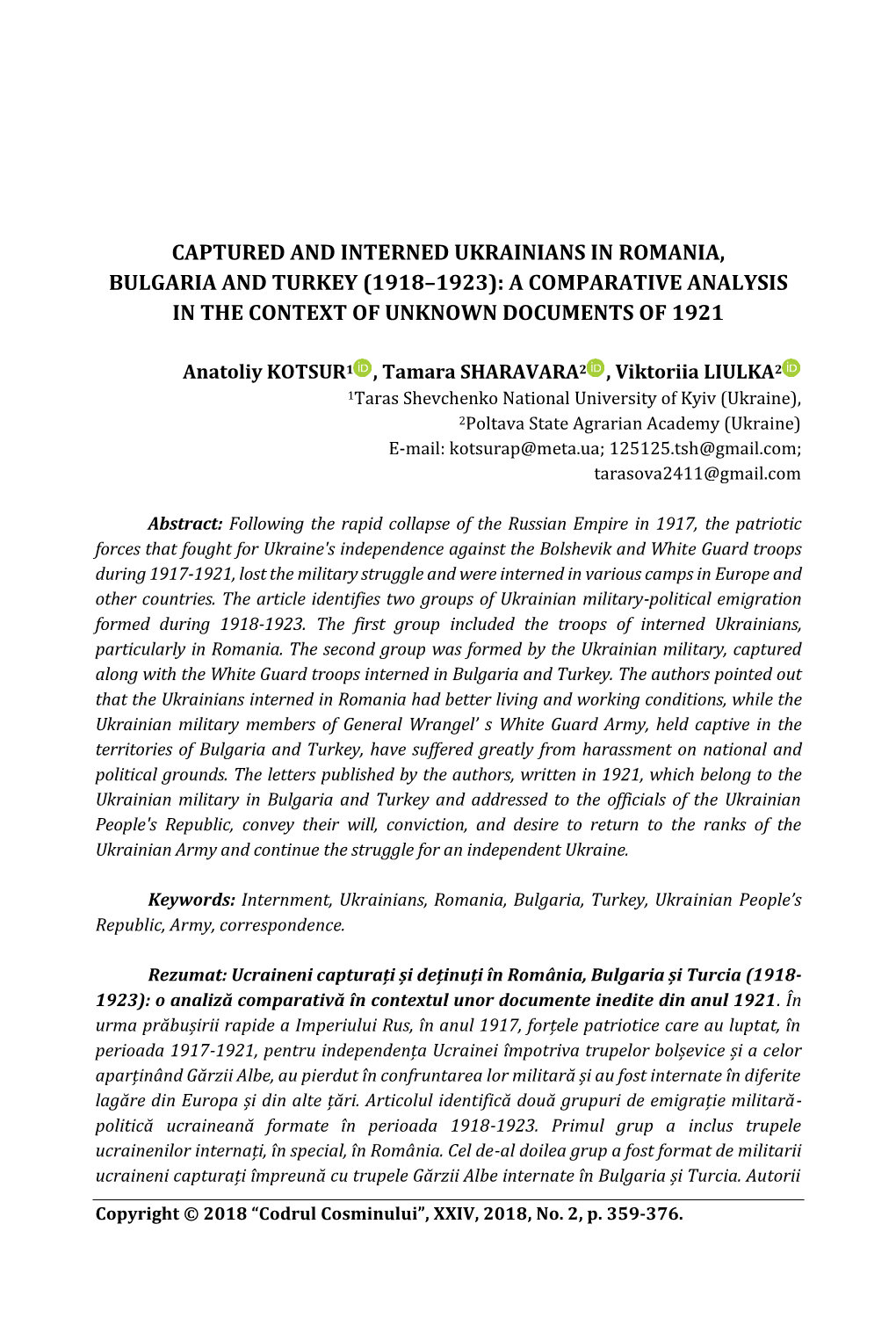 Captured and Interned Ukrainians in Romania, Bulgaria and Turkey (1918–1923): a Comparative Analysis in the Context of Unknown Documents of 1921