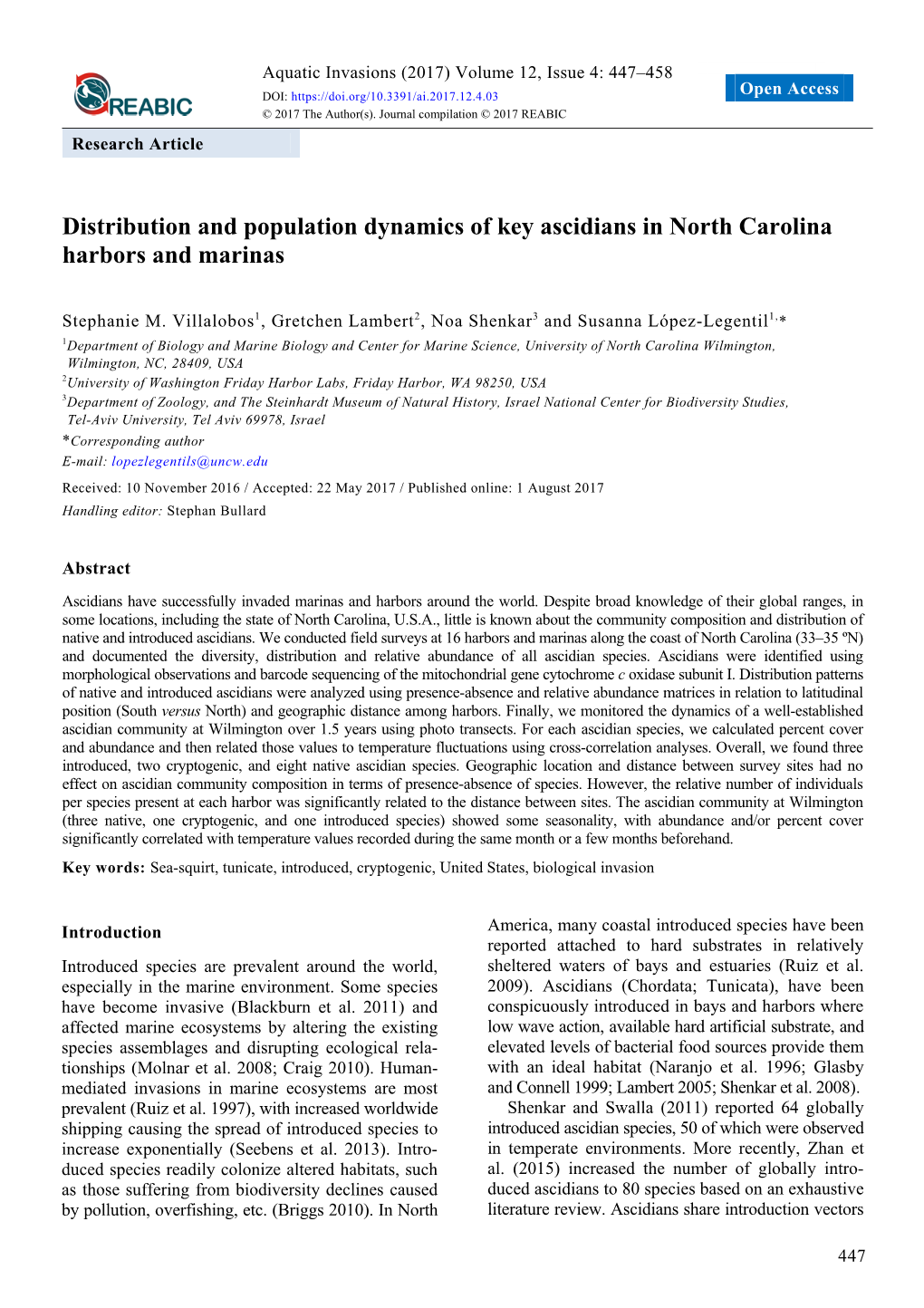 Distribution and Population Dynamics of Key Ascidians in North Carolina Harbors and Marinas