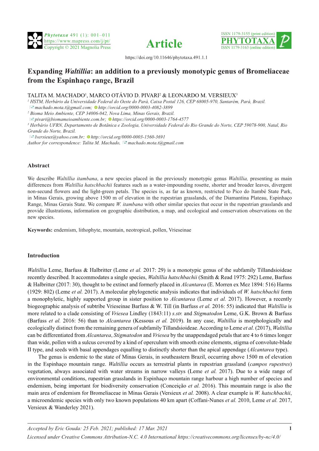 Expanding Waltillia: an Addition to a Previously Monotypic Genus of Bromeliaceae from the Espinhaço Range, Brazil