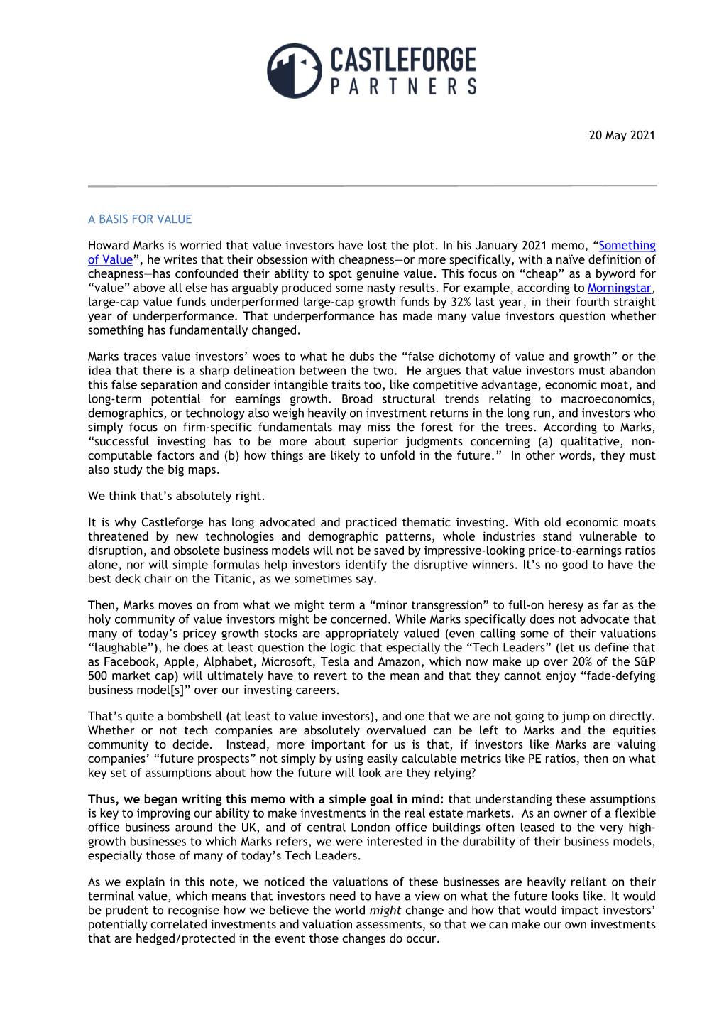 20 May 2021 a BASIS for VALUE Howard Marks Is Worried That Value Investors Have Lost the Plot. in His January 2021 Memo