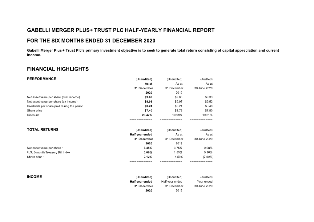 Gabelli Merger Plus+ Trust Plc Half-Yearly Financial Report