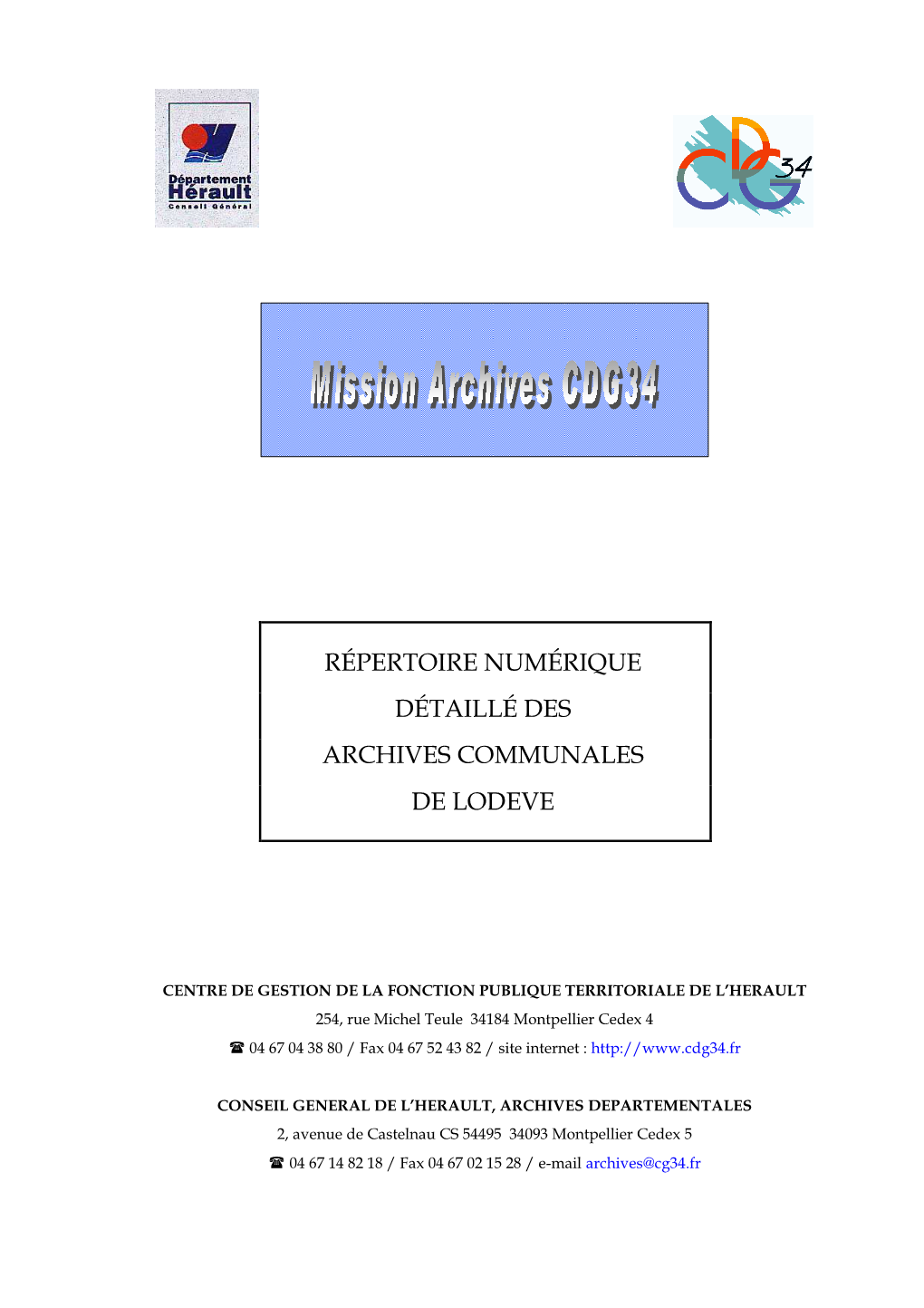 Répertoire Numérique Détaillé Des Archives Communales De Lodeve