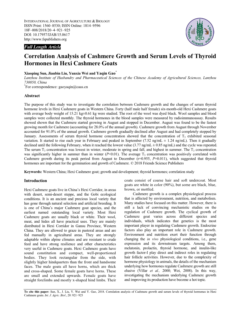 Correlation Analysis of Cashmere Growth and Serum Levels of Thyroid Hormones in Hexi Cashmere Goats