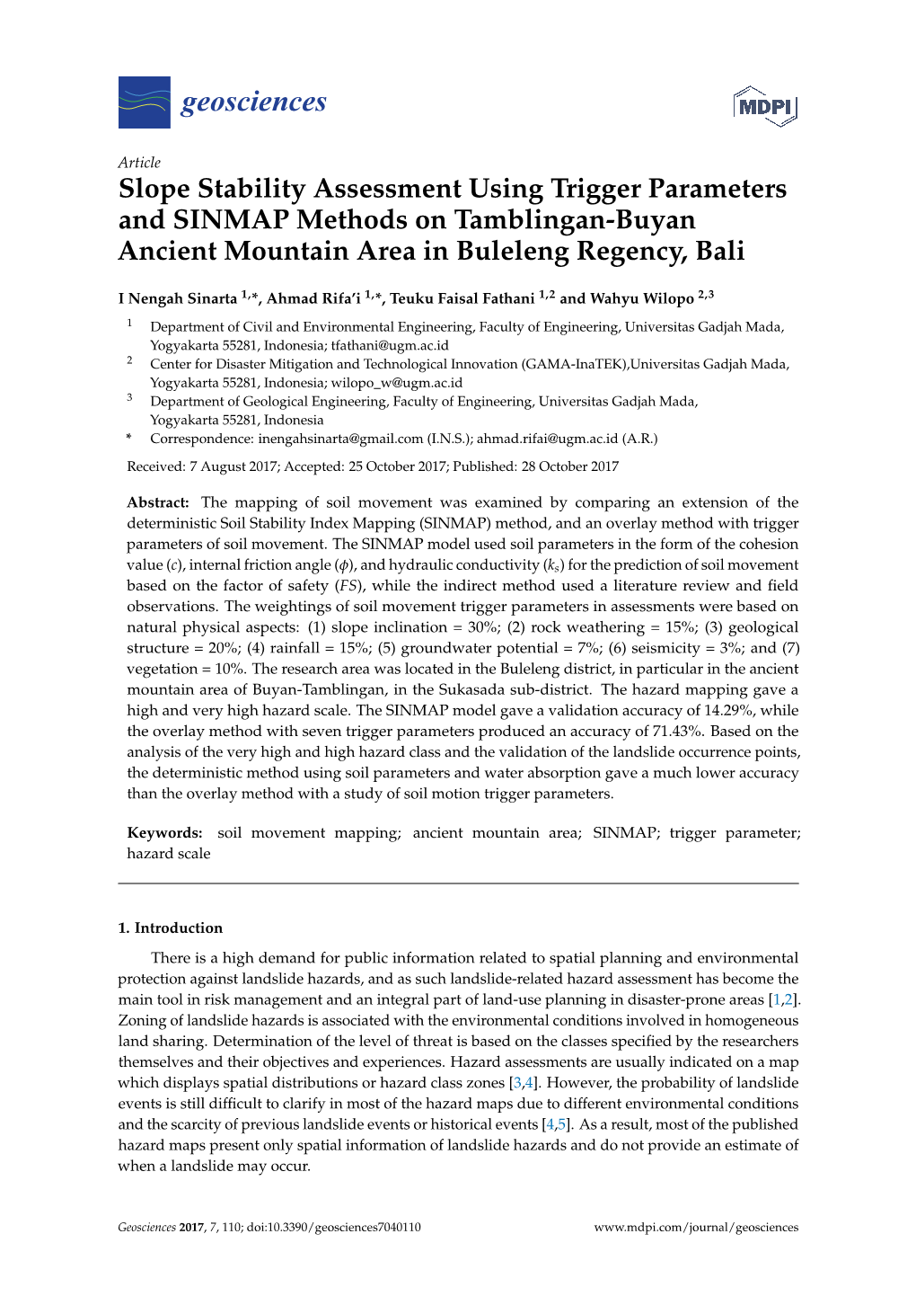 Slope Stability Assessment Using Trigger Parameters and SINMAP Methods on Tamblingan-Buyan Ancient Mountain Area in Buleleng Regency, Bali