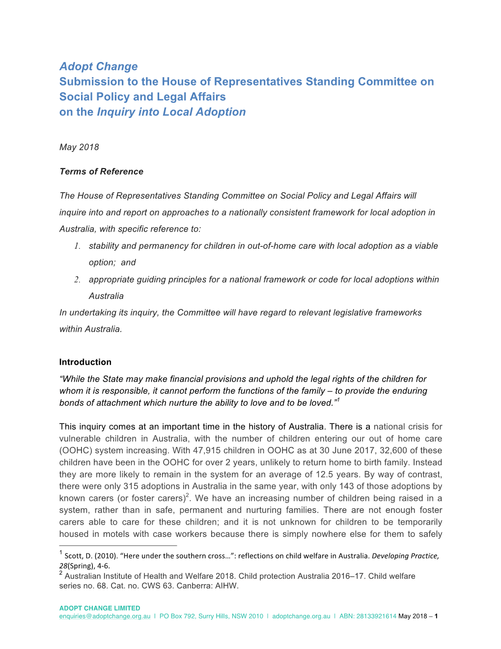 Adopt Change Submission to the House of Representatives Standing Committee on Social Policy and Legal Affairs on the Inquiry Into Local Adoption