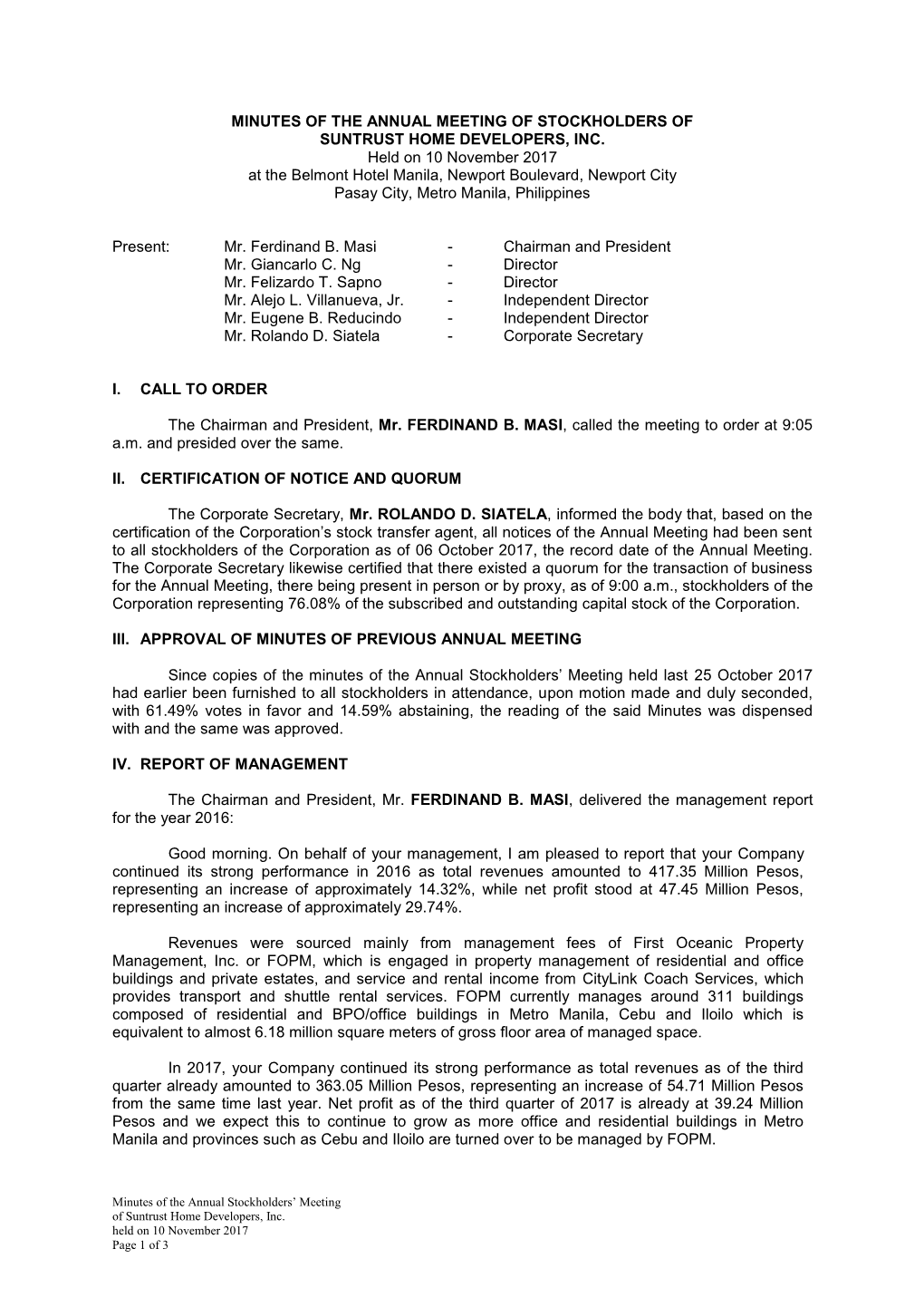 Minutes of the Annual Meeting of Stockholders of Suntrust Home Developers, Inc