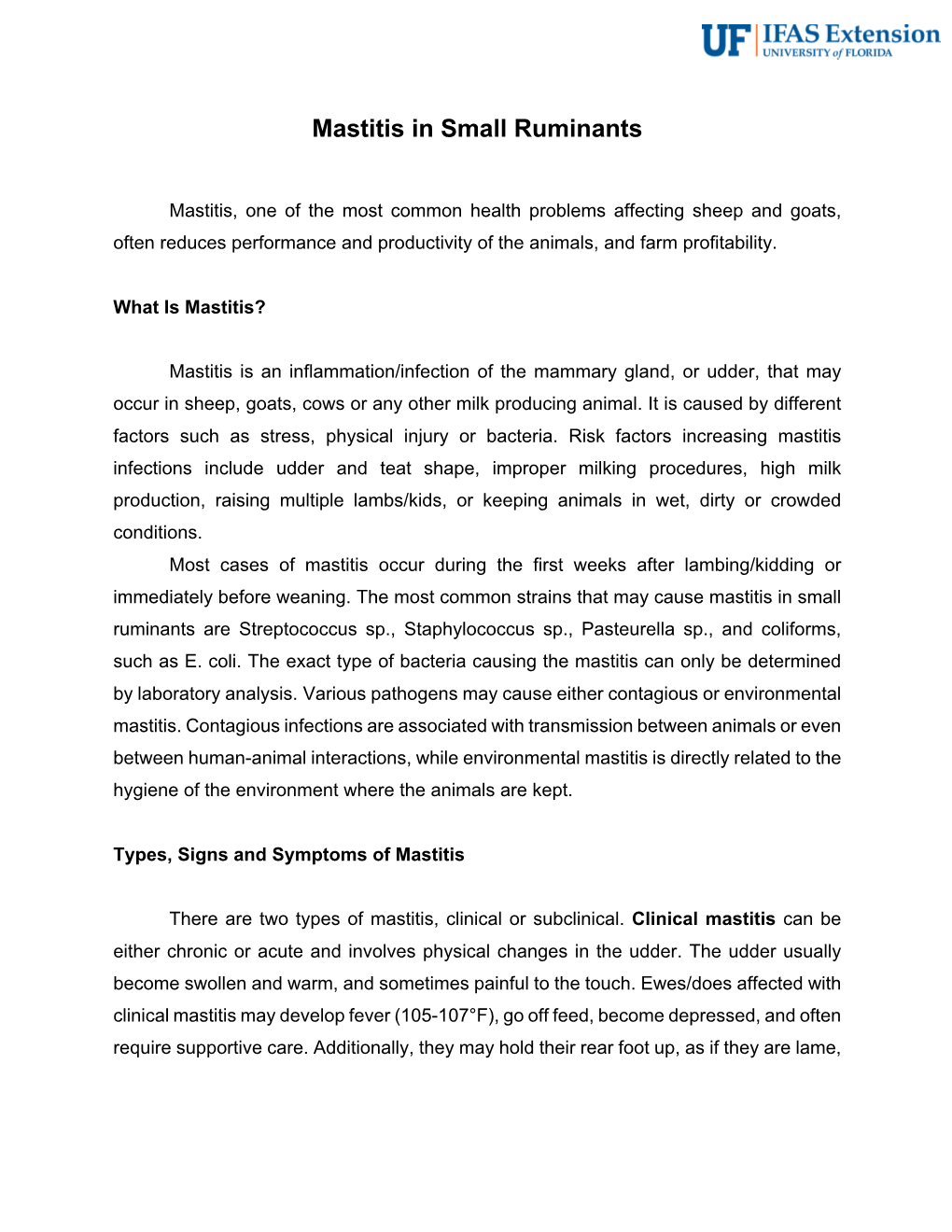 Mastitis in Small Ruminants