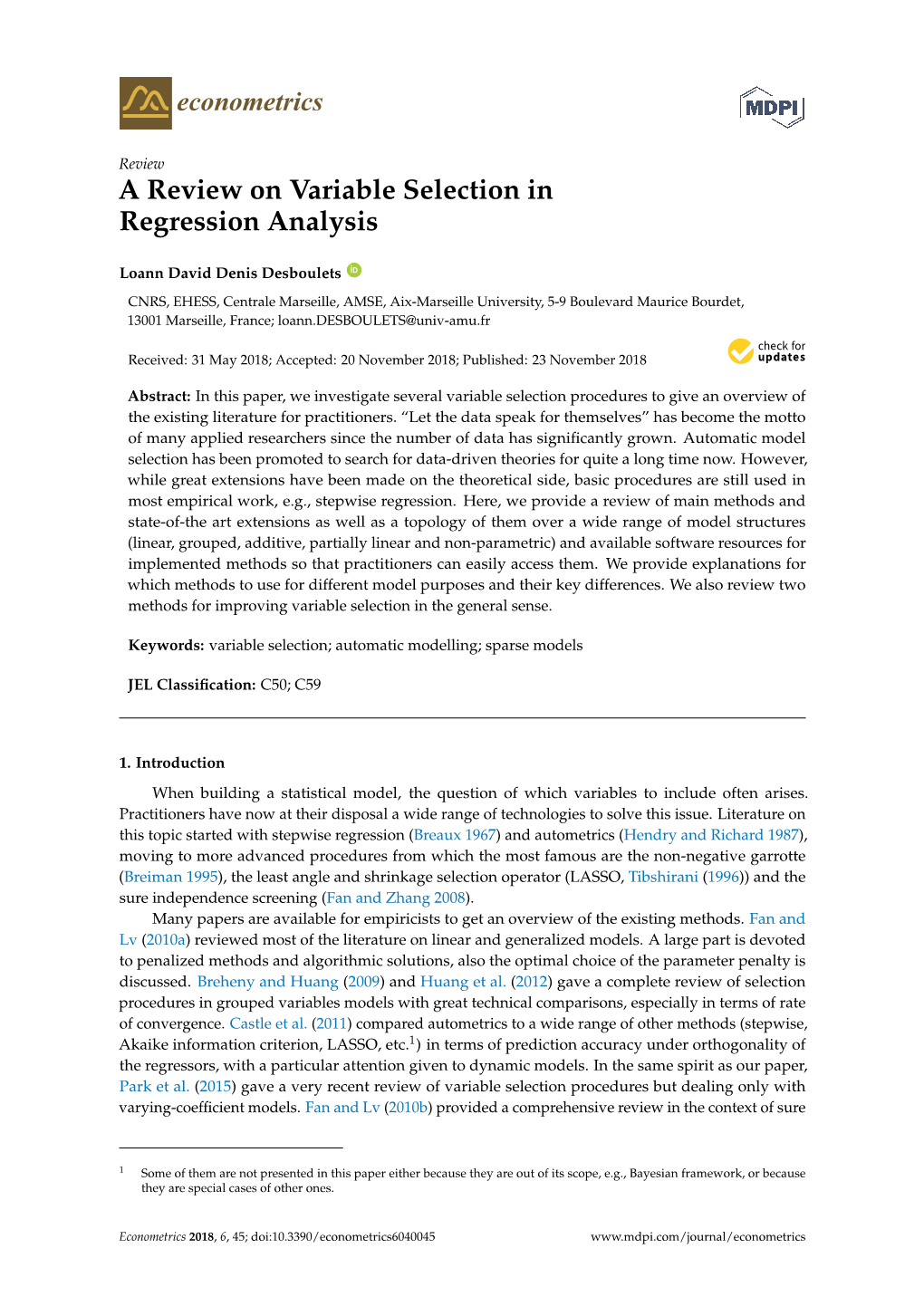 A Review on Variable Selection in Regression Analysis