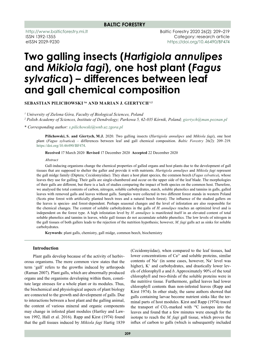 Hartigiola Annulipes and Mikiola Fagi), One Host Plant (Fagus Sylvatica) – Differences Between Leaf and Gall Chemical Composition