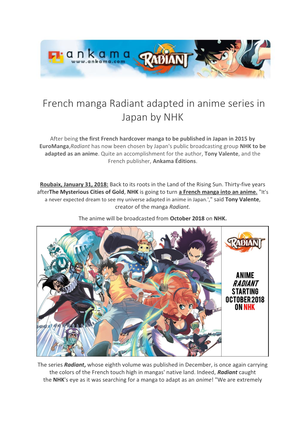 French Manga Radiant Adapted in Anime Series in Japan by NHK
