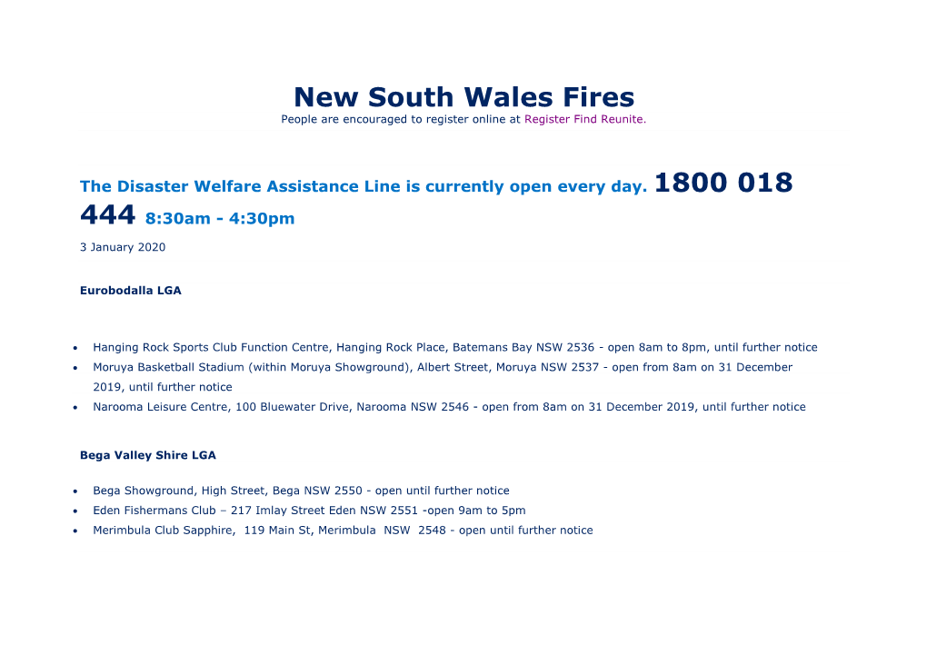 New South Wales Fires People Are Encouraged to Register Online at Register Find Reunite