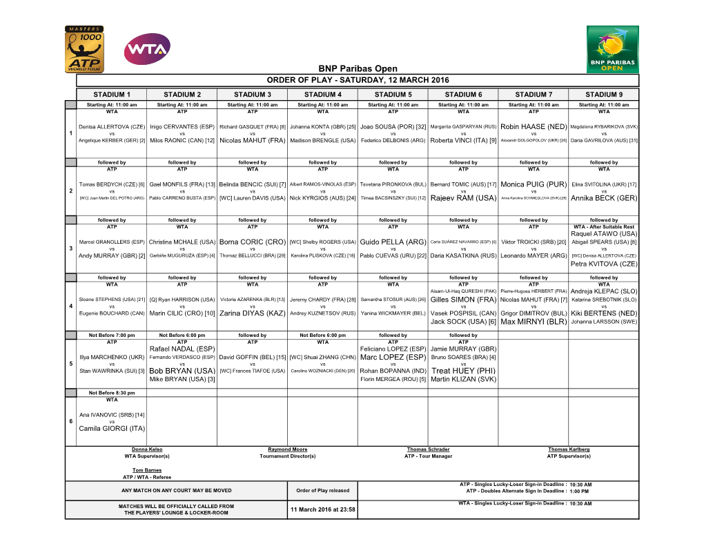 BNP Paribas Open ORDER of PLAY - SATURDAY, 12 MARCH 2016