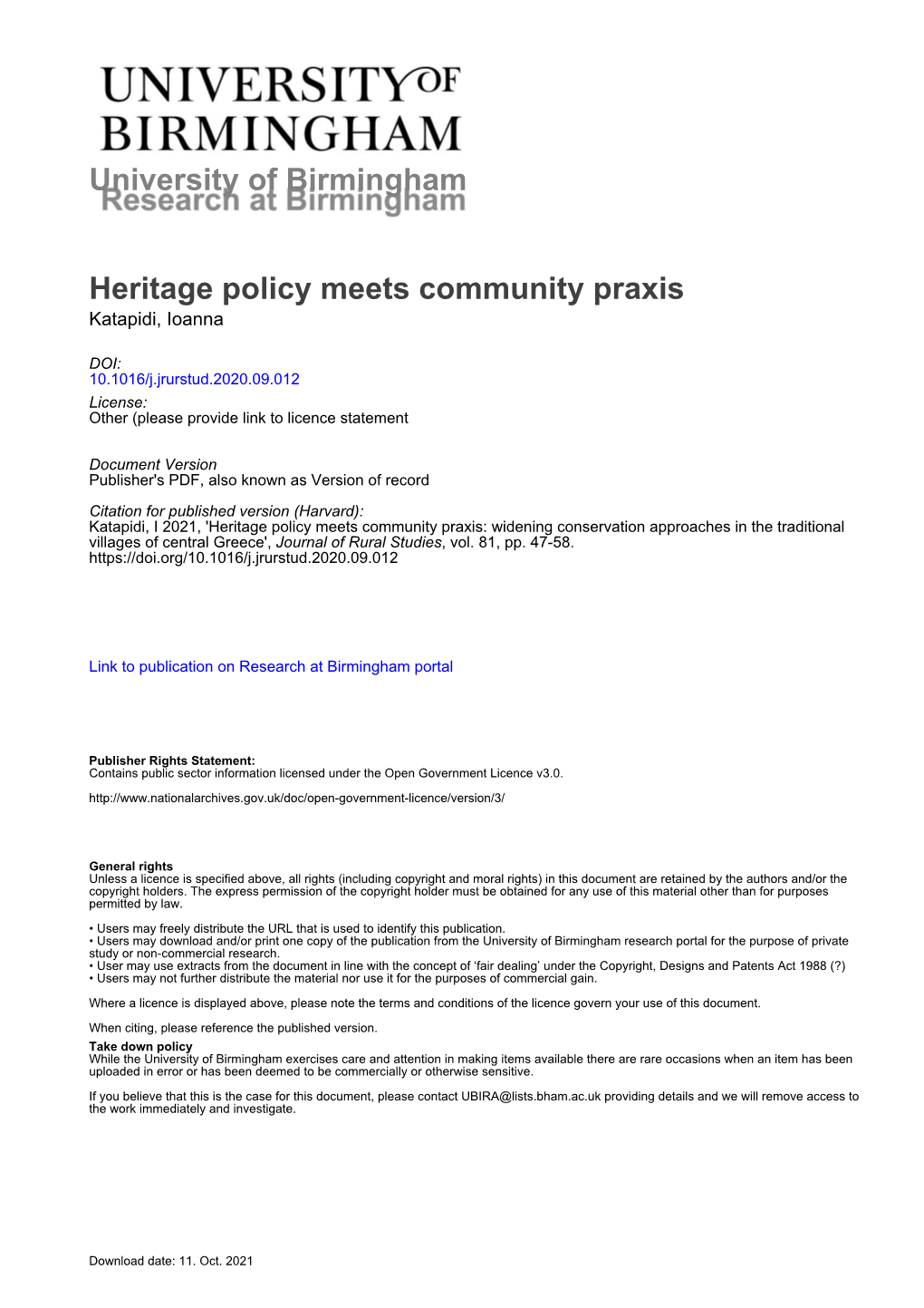 Heritage Policy Meets Community Praxis: Widening Conservation Approaches in the Traditional Villages of Central Greece', Journal of Rural Studies, Vol