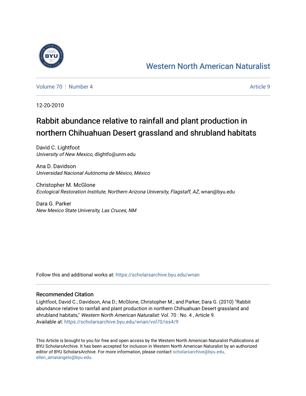 Rabbit Abundance Relative to Rainfall and Plant Production in Northern Chihuahuan Desert Grassland and Shrubland Habitats