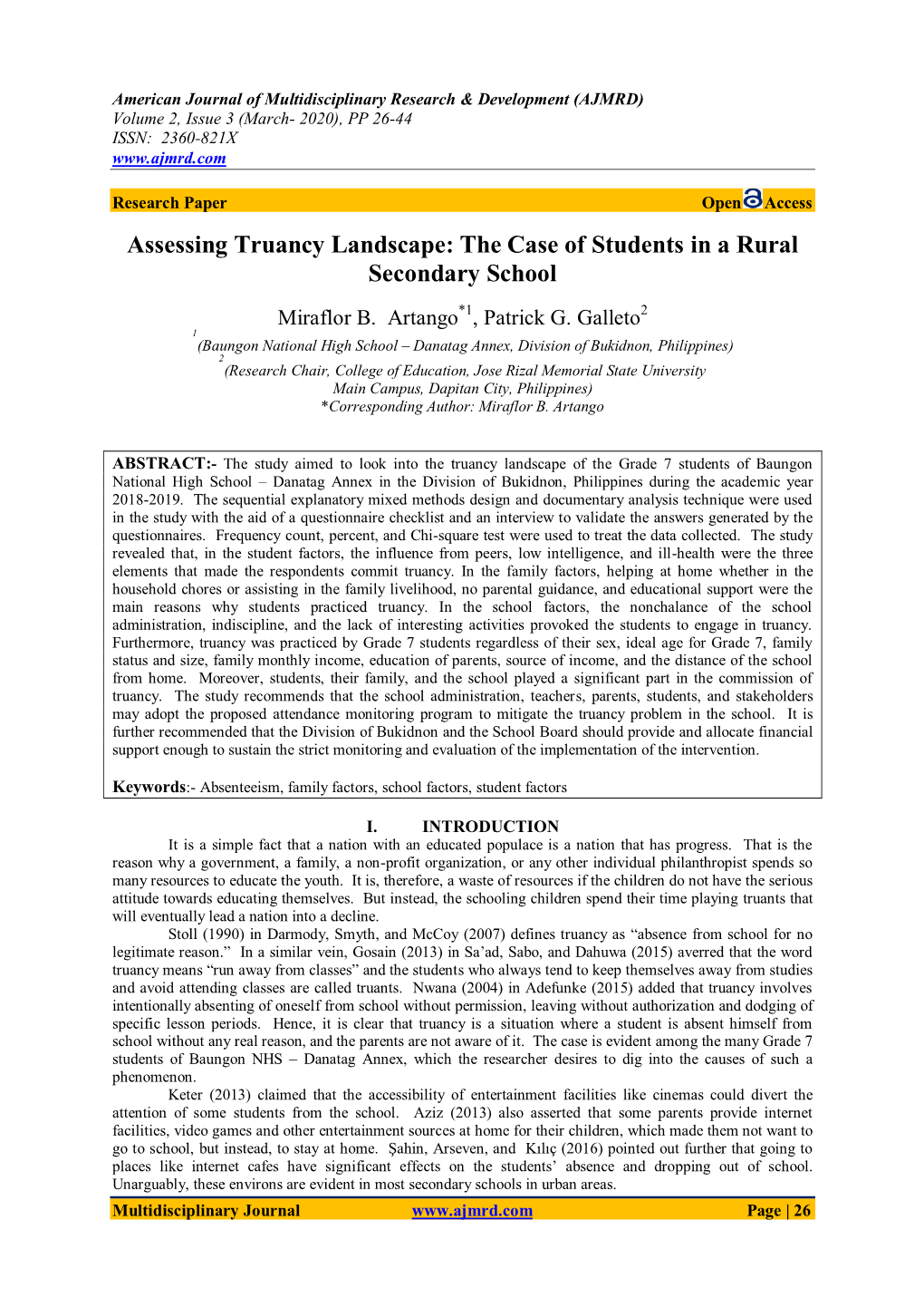 Assessing Truancy Landscape: the Case of Students in a Rural Secondary School