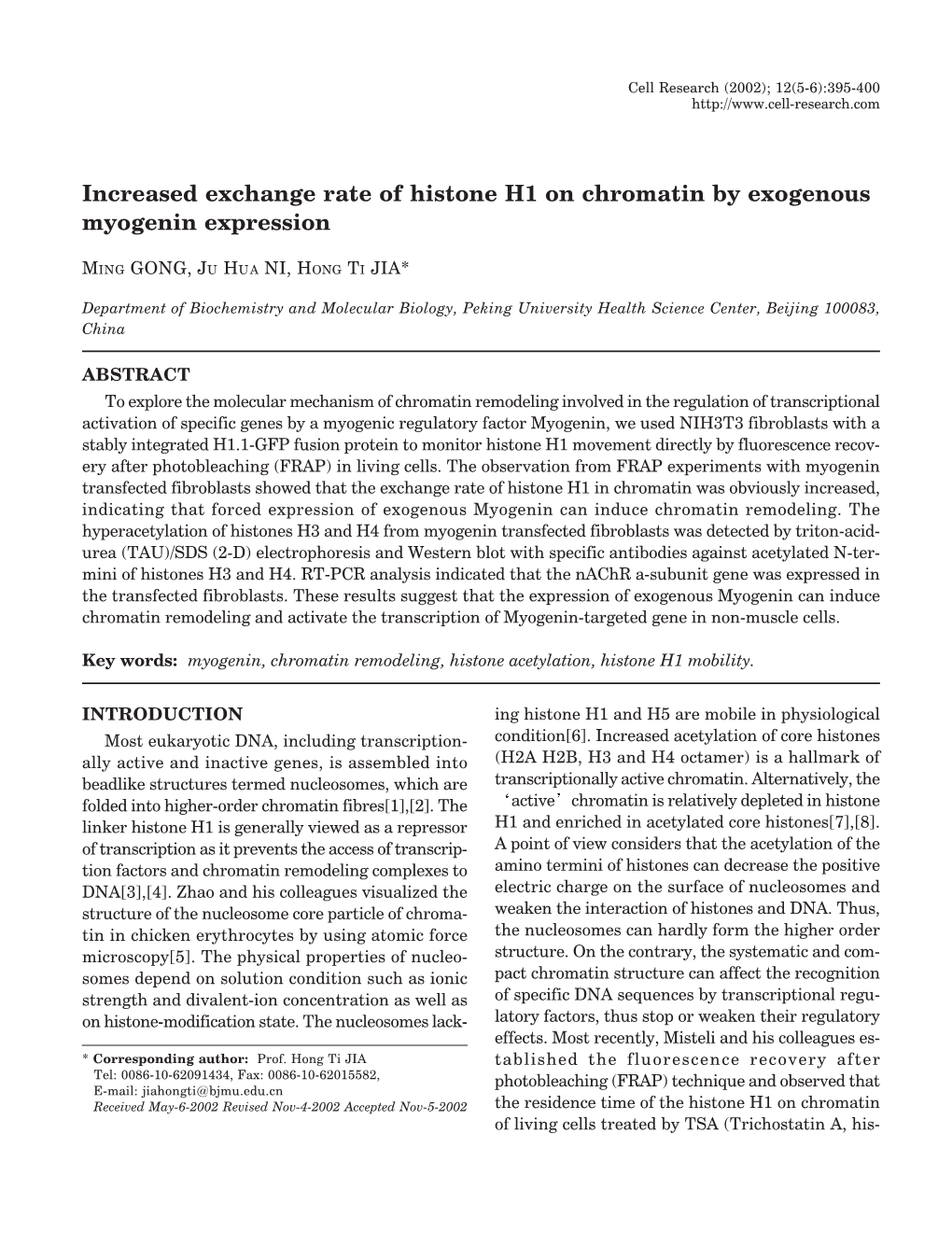 Increased Exchange Rate of Histone H1 on Chromatin by Exogenous Myogenin Expression