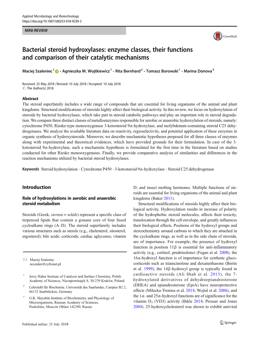 Bacterial Steroid Hydroxylases: Enzyme Classes, Their Functions and Comparison of Their Catalytic Mechanisms