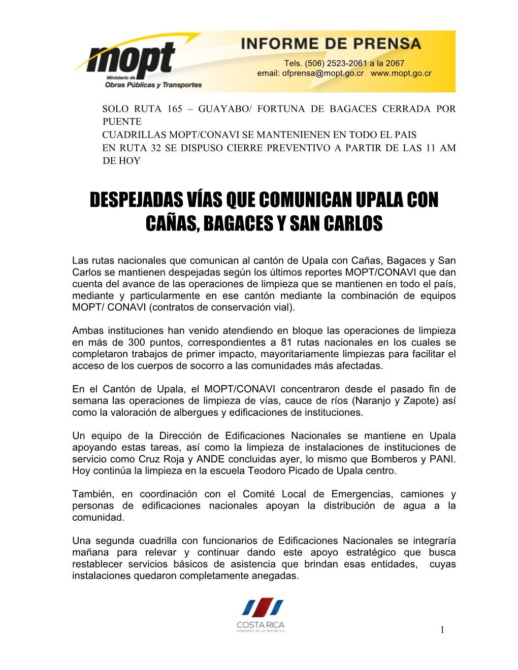 Despejadas Vías Que Comunican Upala Con Cañas, Bagaces Y San Carlos